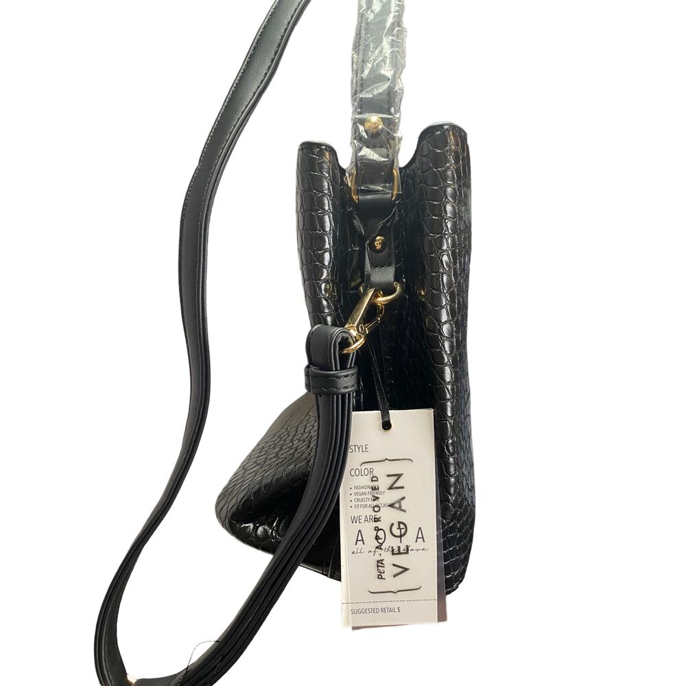 AOTA Elena Bucket Bag Black Vegan Leather Crocodile Embossed Crossbody Strap - Picture 3 of 6